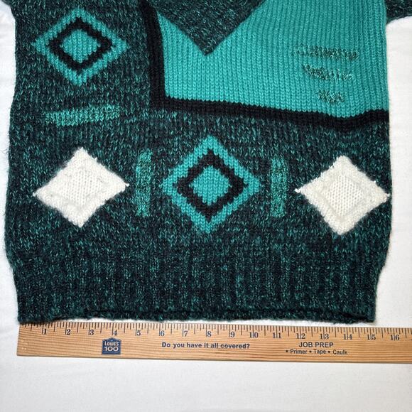 Vtg Susann D Sweater M Teal Ivory Geo Abstract Chunky Knit Wool Angora Blend EUC - Picture 6 of 13